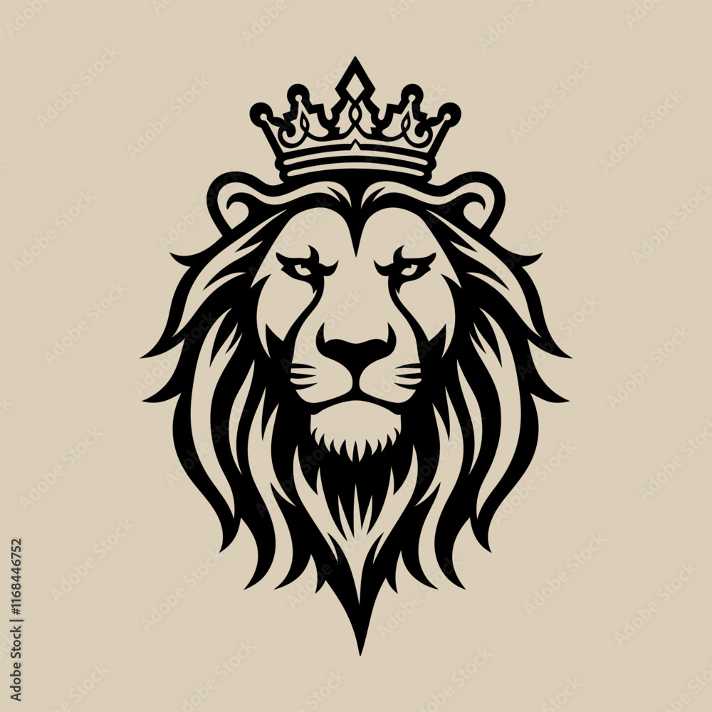 Fototapeta premium A stylized lion's head adorned with a crown on a soft and neutral color background