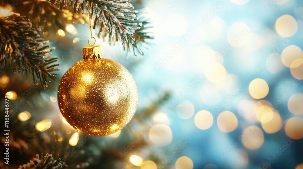 Festive Christmas Ornament on Blurred Tree with Bokeh Lights Background