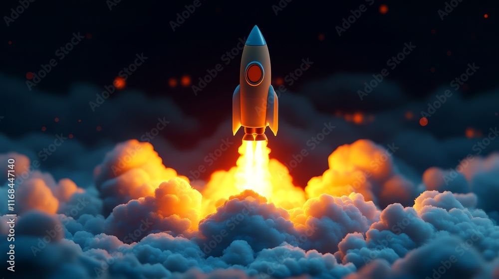 A rocket launches into a vibrant sky, trailing flames and smoke, symbolizing exploration and adventure. A rocket launches into a vibrant sky, trailing flames and smoke, symbolizing exploration and adventure.
