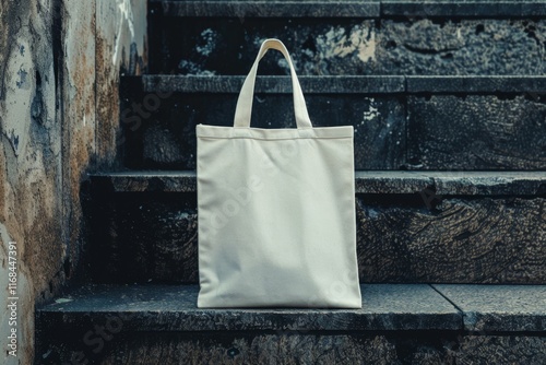 Blank tote bag on stone steps. (2) photo