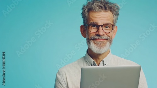 Bearded Old Man Working on Laptop