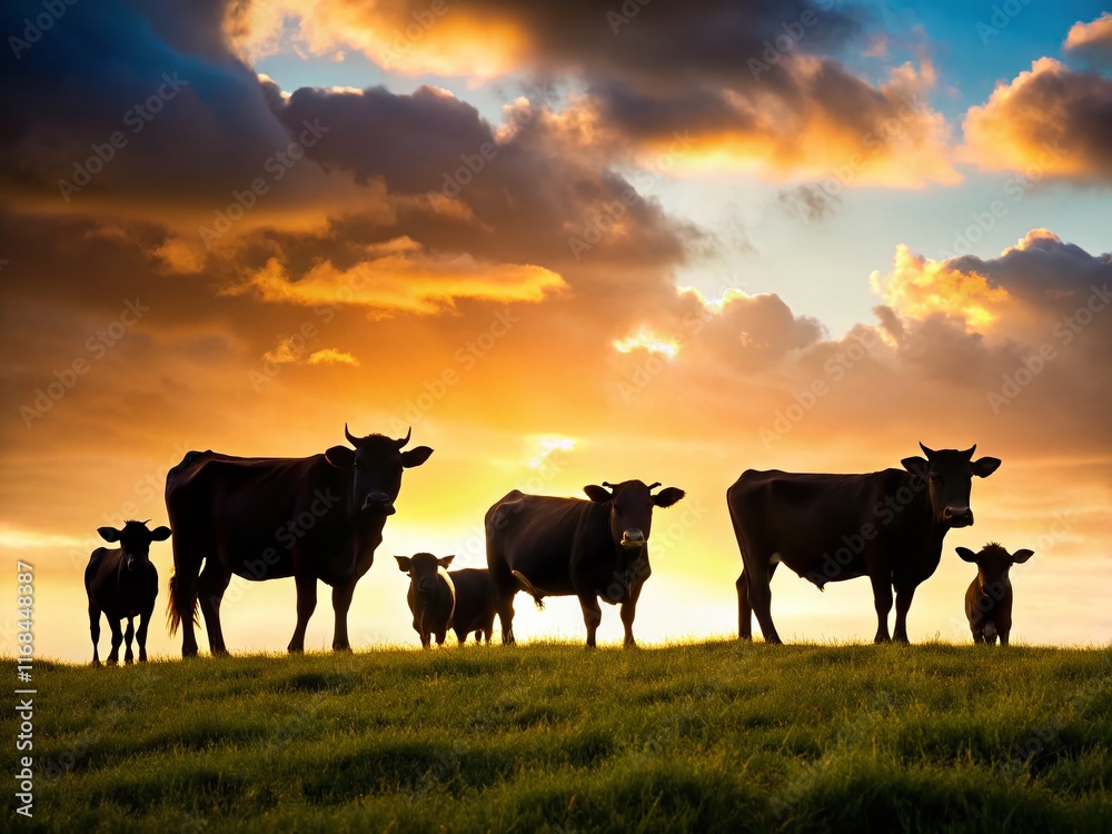 Black Cow Silhouettes on White Background - Stunning Rural Landscape Stock Photo Black Cow Silhouettes on White Background - Stunning Rural Landscape Stock Photo