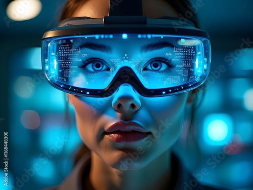 Close-up of a woman wearing futuristic AR glasses displaying holographic data, illuminated by blue light. A cutting-edge technology concept. photo