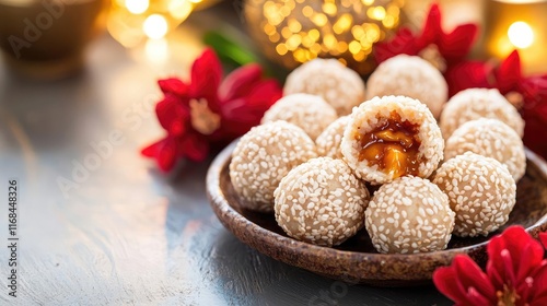 Chinese new year dessert sesame balls with molten filling arranged in a spiral, surrounded by red flowers and golden light, symbolic of joy and prosperity