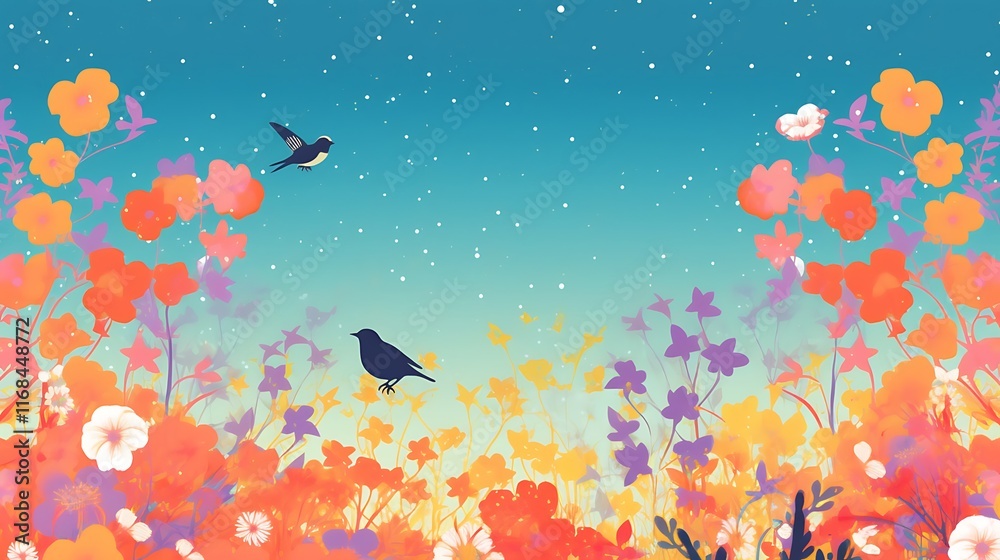 Two Birds Fly Above Colorful Flower Garden Two Birds Fly Above Colorful Flower Garden