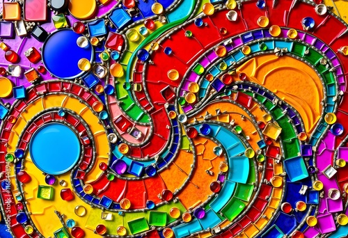 Vibrant Rainbow Mosaic Art Swirling Glass Gems Colorful Design