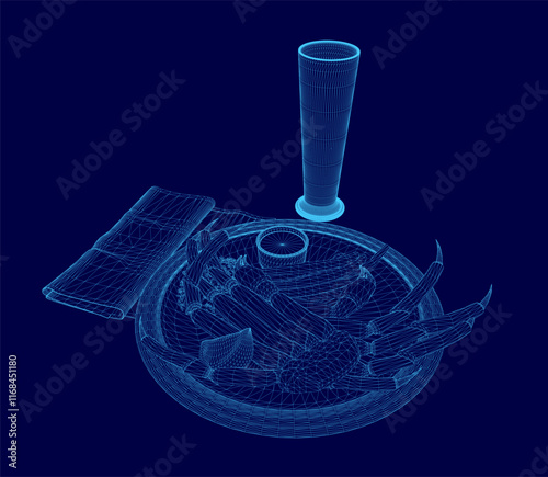 Blue drawing of a plate of food with a glass of beer on top. The plate has a few pieces of food, including some shrimp and a couple of carrots. Scene is casual and relaxed