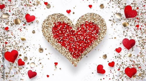 Sparkling Heart Design with Red and Gold Glitter Surrounding Small Hearts and Confetti