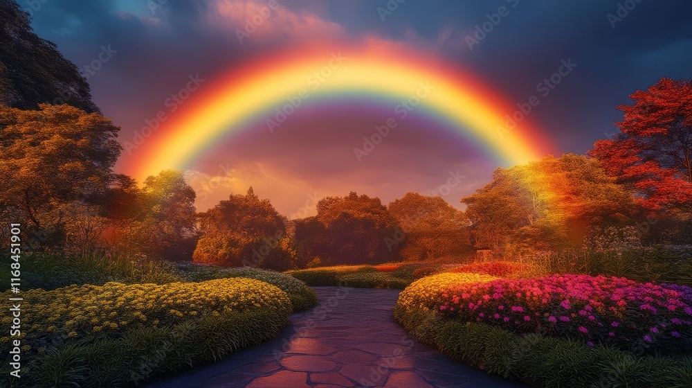 Obraz premium A vibrant rainbow arches over a colorful garden, surrounded by lush greenery and blooming flowers under a dramatic sky.