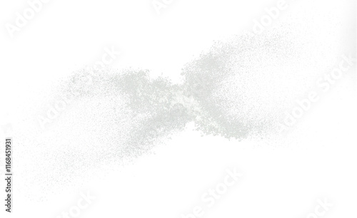 Fluffy White snow splash flying or throwing in mid air. Snowfall on Black background isolated. Snow dust element falling over dark night