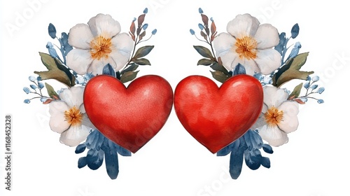Red Hearts Surrounded by Delicate Floral Arrangement for Romantic and Love Themes