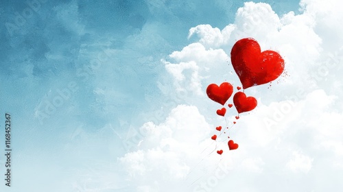 Red Hearts Floating in the Sky Surrounded by Soft White Clouds and a Bright Blue Background