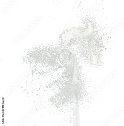 Fluffy White snow splash flying or throwing in mid air. Snowfall on Black background isolated. Snow dust element falling over dark night photo