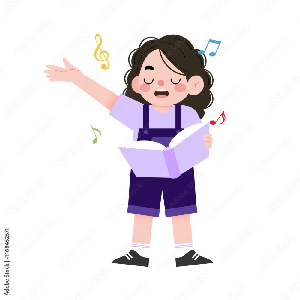 Young Girl Singing Holding Book Blonde Hair Music Notes Cute Illustration Young Girl Singing Holding Book Blonde Hair Music Notes Cute Illustration