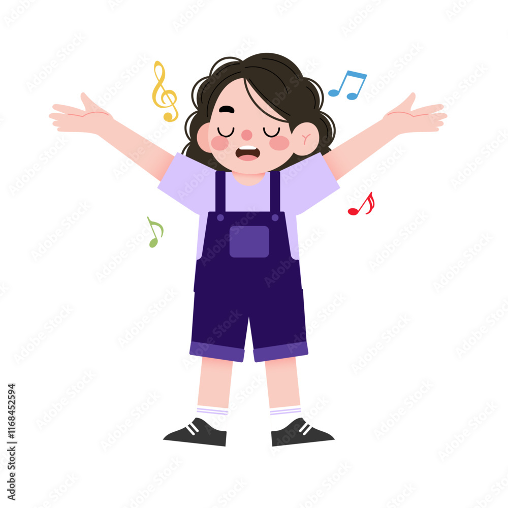 Joyful Girl Singing Cartoon Illustration Music Notes Child Singing Happy Kid Joyful Girl Singing Cartoon Illustration Music Notes Child Singing Happy Kid