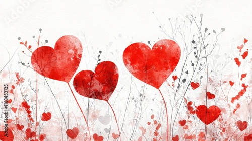 Red Hearts and Delicate Flowers on White Background for Romantic or Valentine's Day Themes