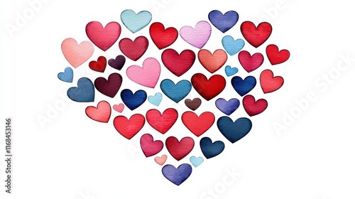 Colorful Hearts Arrangement on White Background, Perfect for Celebrations and Artistic Expressions