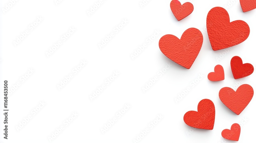 Red heart shapes scattered on white background for romantic and festive design elements Red heart shapes scattered on white background for romantic and festive design elements
