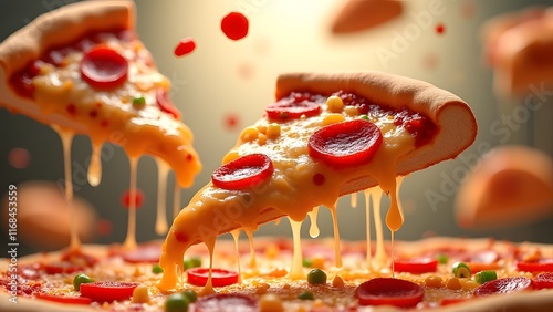 Floating pizza slices with gooey cheese pulls, pepperoni, and colorful veggie toppings against a glowing background. A cheesy, dynamic food concept. photo