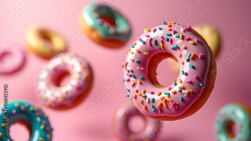 Floating pastel donuts with vibrant frosting and colorful sprinkles against a pink background. A playful and sweet dessert concept full of fun. photo