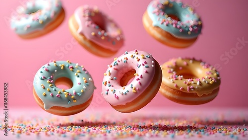 Floating pastel donuts with vibrant frosting and colorful sprinkles against a pink background. A playful and sweet dessert concept full of fun. photo