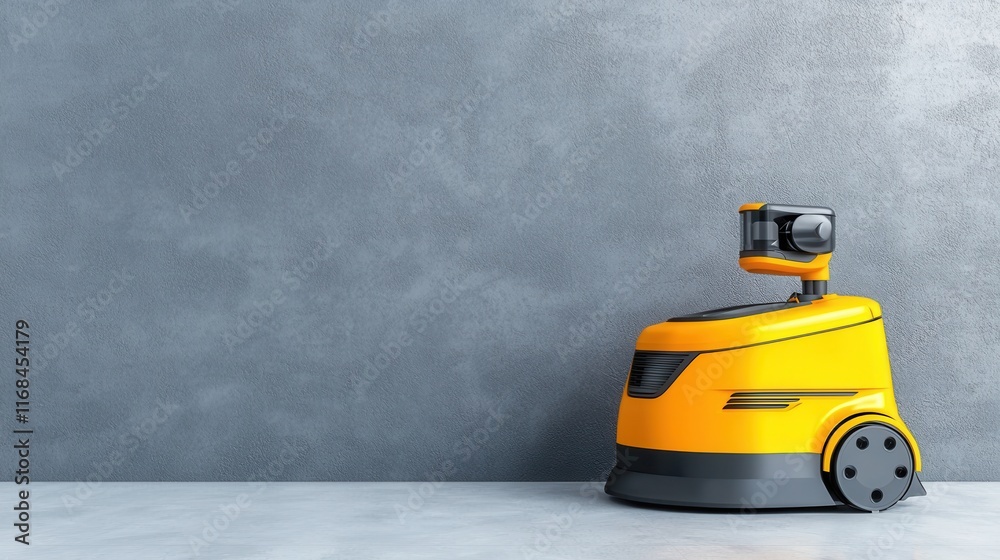 Obraz premium Yellow Industrial Robot Vacuum Cleaner on Gray Concrete Wall Background in Modern Interior Setting
