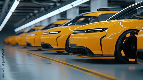 Modern Electric Vehicles in Urban Parking Garage with Futuristic Design and Bright Yellow Color