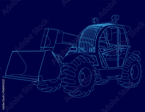 Blue drawing of a tractor with a large bucket on the front. The tractor is shown in a stylized way, with the bucket and other parts of the machine emphasized. Scene is somewhat whimsical and playful