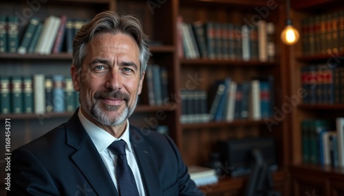 Trustworthy lawyer with welcoming demeanor in office library