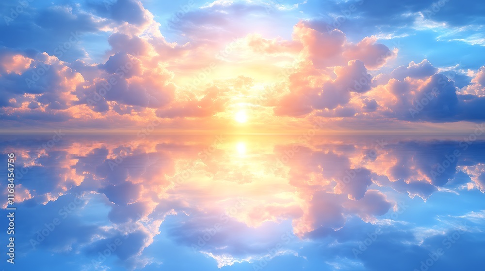 Serene Sunset Sky Reflected In Calm Ocean Waters Serene Sunset Sky Reflected In Calm Ocean Waters