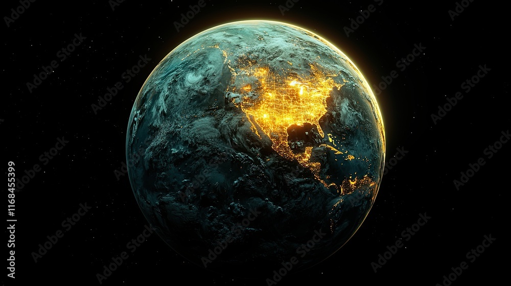 Obraz premium North America illuminated at night from space showcasing vibrant city lights and natural features in stunning detail