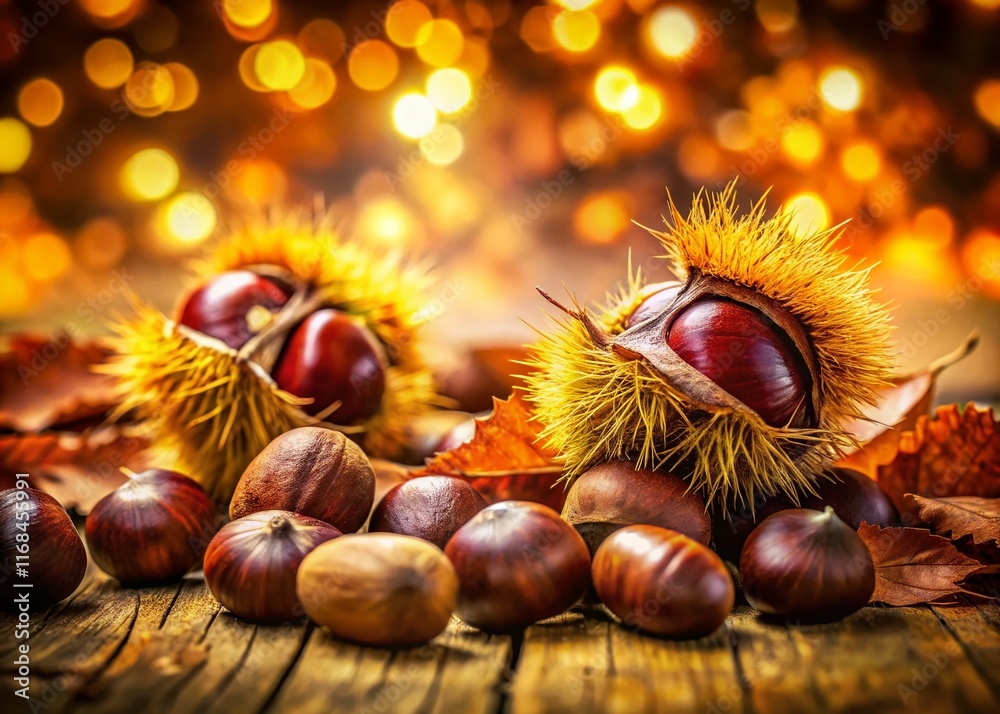 Bokeh Effect: Artistic Ink Sketch of Chestnuts - Autumnal Still Life Bokeh Effect: Artistic Ink Sketch of Chestnuts - Autumnal Still Life