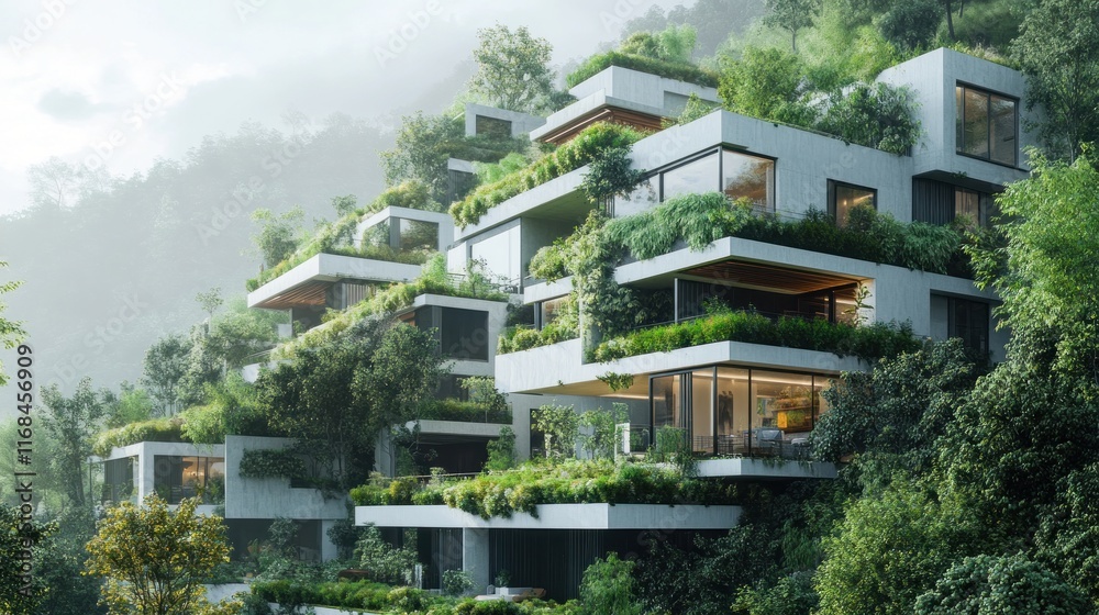 Modern eco-friendly building integrated with nature Modern eco-friendly building integrated with nature