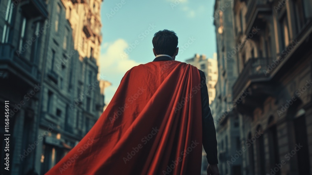Heroic Superman in Red Cape Walking Down Alley Heroic Superman in Red Cape Walking Down Alley