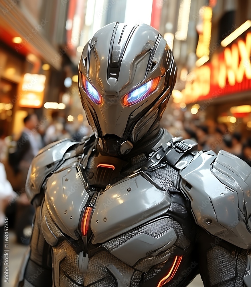 Futuristic grey robot in city. Futuristic grey robot in city.