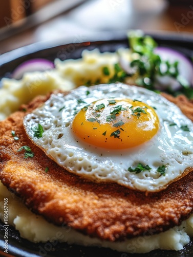Delicious German Schnitzel with Fried Egg and Mashed Potatoes