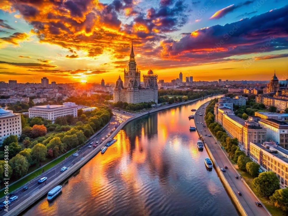 Breathtaking Moscow River Sunset: Drone Aerial View Breathtaking Moscow River Sunset: Drone Aerial View