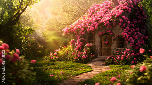 Rose Covered Cottage In A Sunny Garden Setting