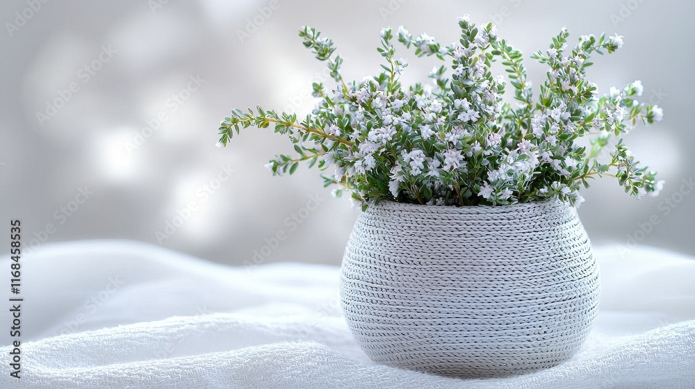 Fototapeta premium Delicate White Flowers in a Textured Pot with Soft Background and Gentle Light Shine
