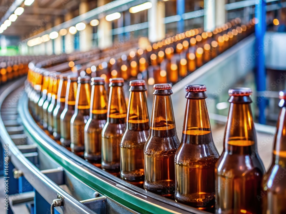 Brewery Production Line: Brown Beer Bottles on Conveyor Belt with High Depth of Field Brewery Production Line: Brown Beer Bottles on Conveyor Belt with High Depth of Field