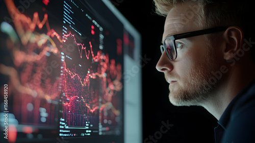 Man intently studies complex financial data charts