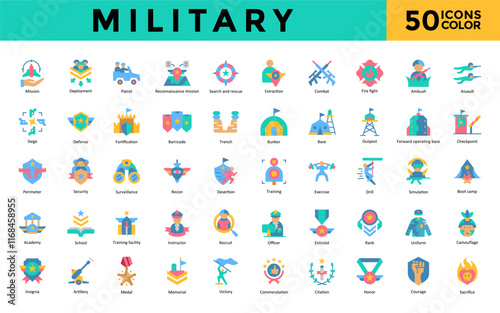 Military icon set with mission, deployment, patrol, reconnaissance mission, search and rescue, extraction, combat, fire fight, ambush, assault icon. Simple flat color vector 
