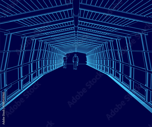 Blue tunnel with two people walking through it. The tunnel is very long and the people are walking in opposite directions