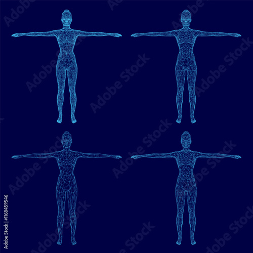 Four women are standing in a row, each with their arms outstretched. The image is in blue and has a futuristic feel to it