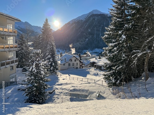 A fairytale winter atmosphere and a magnificent panorama on the mountine Swiss tourist resort of Davos - Canton of Grisons, Switzerland (Kanton Graubünden, Schweiz) photo