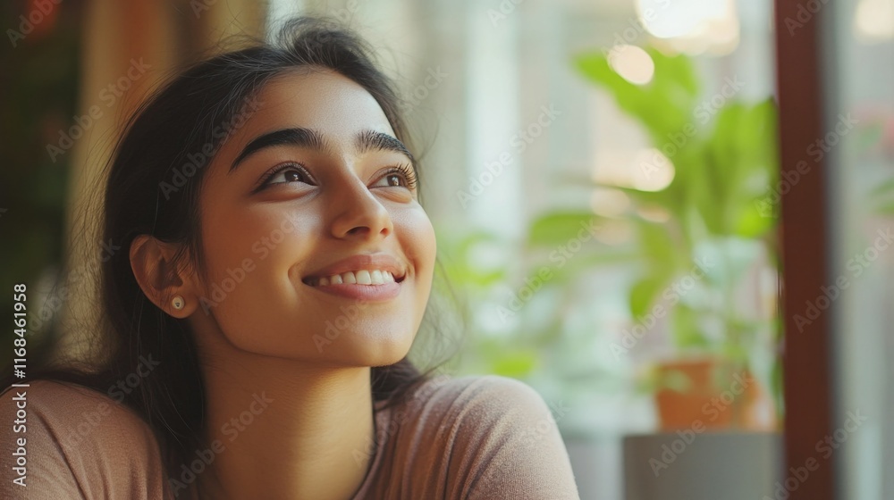 Smiling Young Woman Looking Out Window Smiling Young Woman Looking Out Window