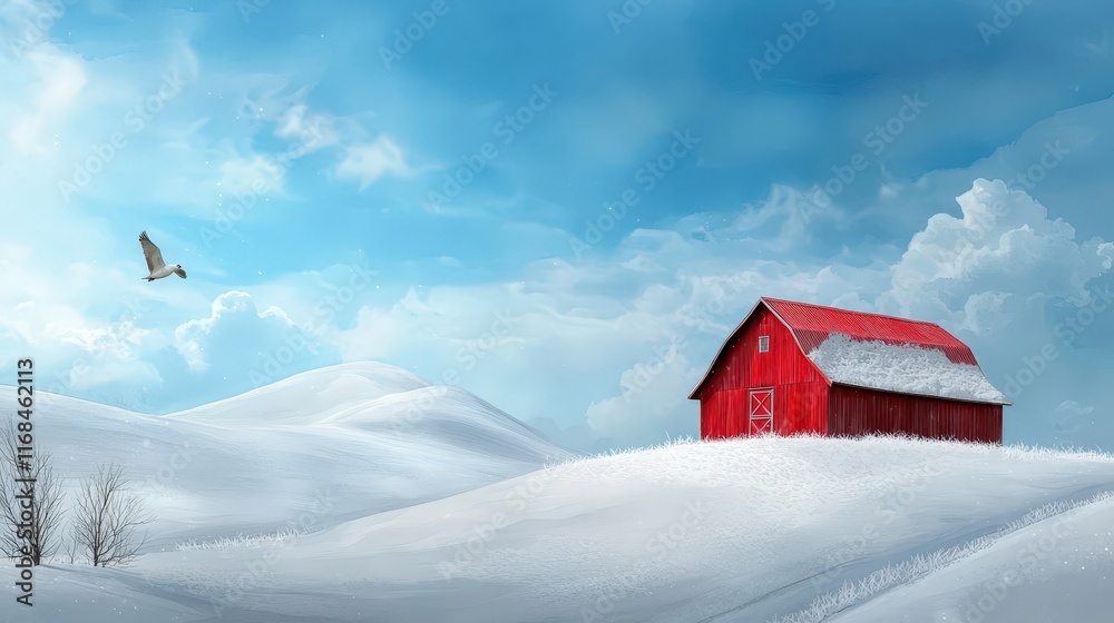 A picturesque snowy barn with a red roof standing in a frosty field. A picturesque snowy barn with a red roof standing in a frosty field.
