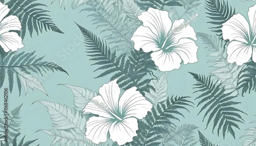 Elegant Hibiscus Flowers and Fern Leaves Design