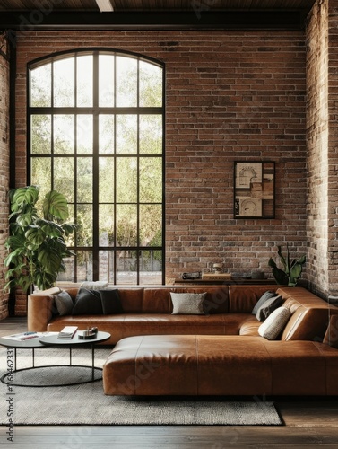 Modern Living Room with High Ceiling and Large Window