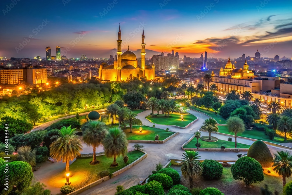 Fototapeta premium Cairo Panoramic Night View: Al-Azhar Park, Mosque, Cityscape Long Exposure